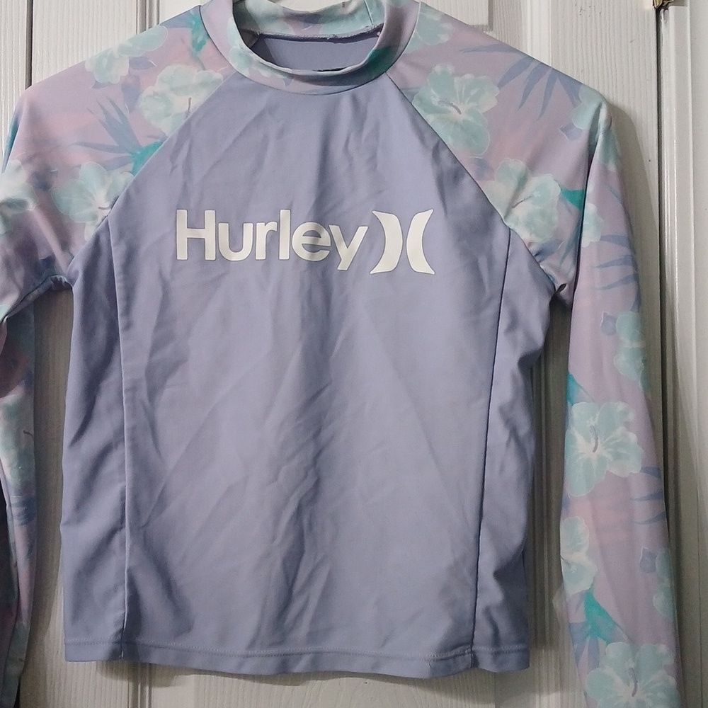 Hurley long sleeve UPF 50+ swim sun shirt purple and floral print Sz L - Picture 2 of 7